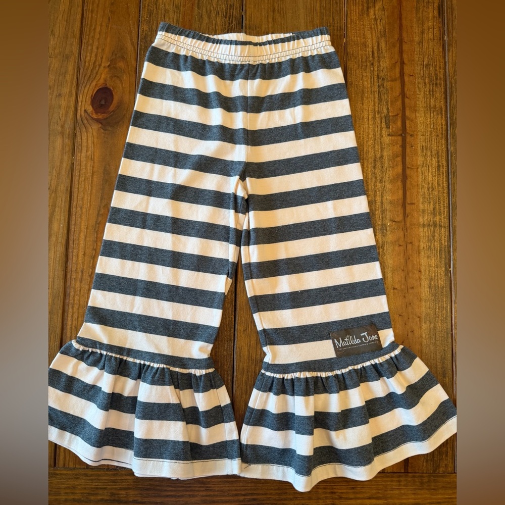 Matilda Jane Gray and White Striped Ruffle Pants Size 4